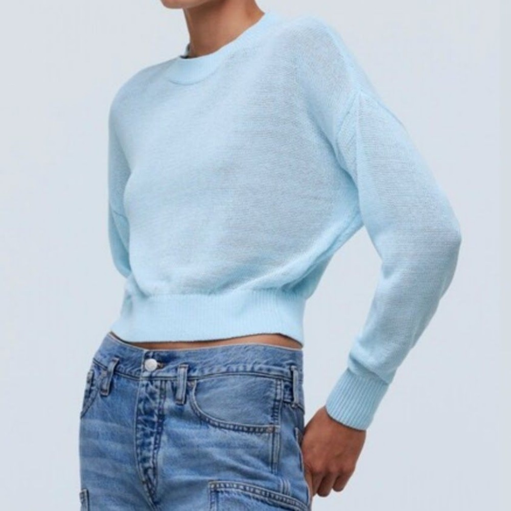 Madewell Women's XXL Loose Knit Light Blue Textured‎ Crew Neck Cropped Sweater